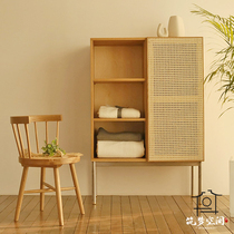Nordic rattan sideboard Japanese solid wood tea cabinet sliding door glass cabinet cupboard sofa side cabinet lockers