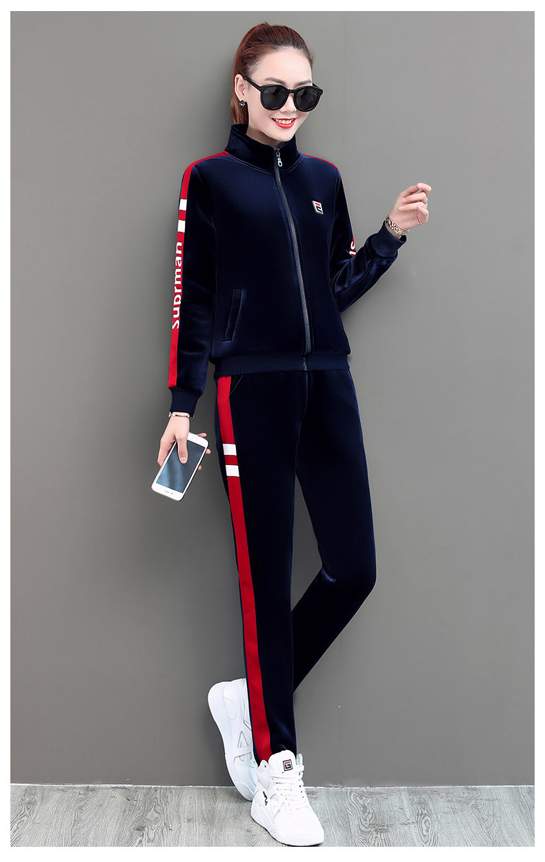 金丝绒套装女深秋2019秋冬加绒加厚卫衣晨跑休闲运动套装两件套潮