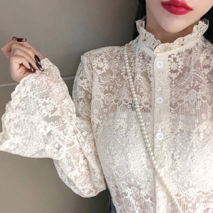 Fashion trumpet sleeve high collar Korean base lace shirt