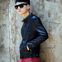 Autumn youth small stand-up collar black and red PU leather jacket male Korean version short thin jacket large size stitching motorcycle leather jacket