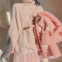 Turtleneck sweater women's autumn outerwear new 2022 loose lazy breeze sweet cute thick pink knitwear