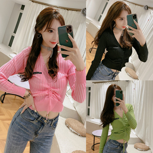 Long sleeve sexy V-neck tie waist back and bottoming blouse