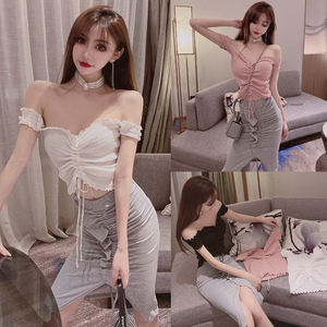 Sexy off shoulder knitted T-shirt fish tail irregular skirt two piece set