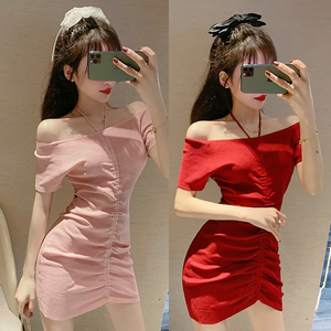 Sexy nightclub anchor one shoulder Halter drawstring dress