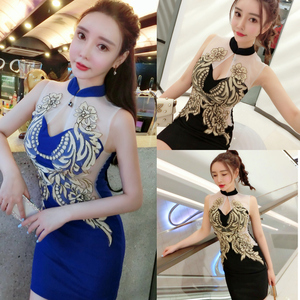 New Retro sexy waist laced embroidered lace cheongsam dress dress