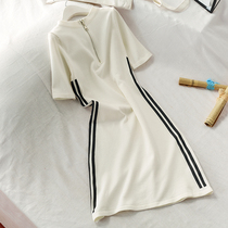 2021 spring new short sleeve zipper striped dress waist slim sports style westernly knitted skirt S326