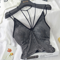 2021 spring and summer new camisole vest women V collar sequins sexy cross neck short top with chest pad 1167