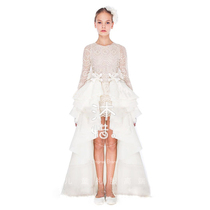 Girl Princess Childrens Dress White Lace Powder Dress Long Sleeve Host Show Tail Dress