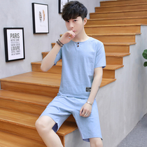 Summer male pyjamas short sleeves shorts Teenagers Thin Cotton Hemp Casual Students Pure Color Able To Go Out Home Suits Suit