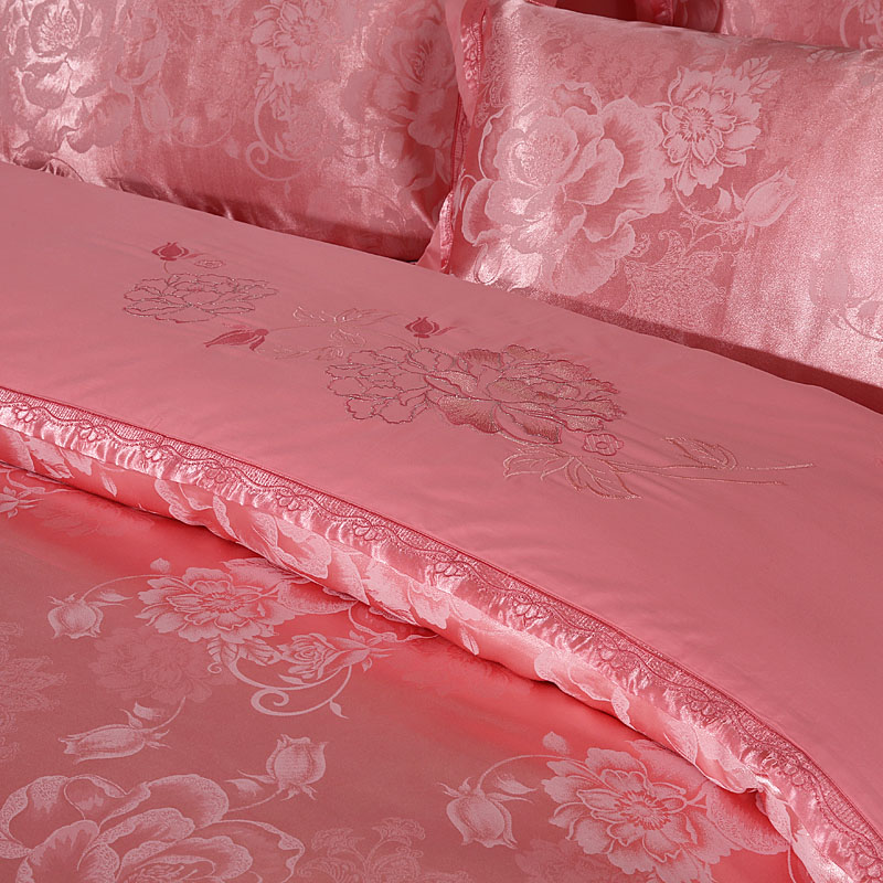 全棉贡缎提花婚庆四件套欧式结婚床上用品粉色床单被套1.8m床秋冬产品展示图2