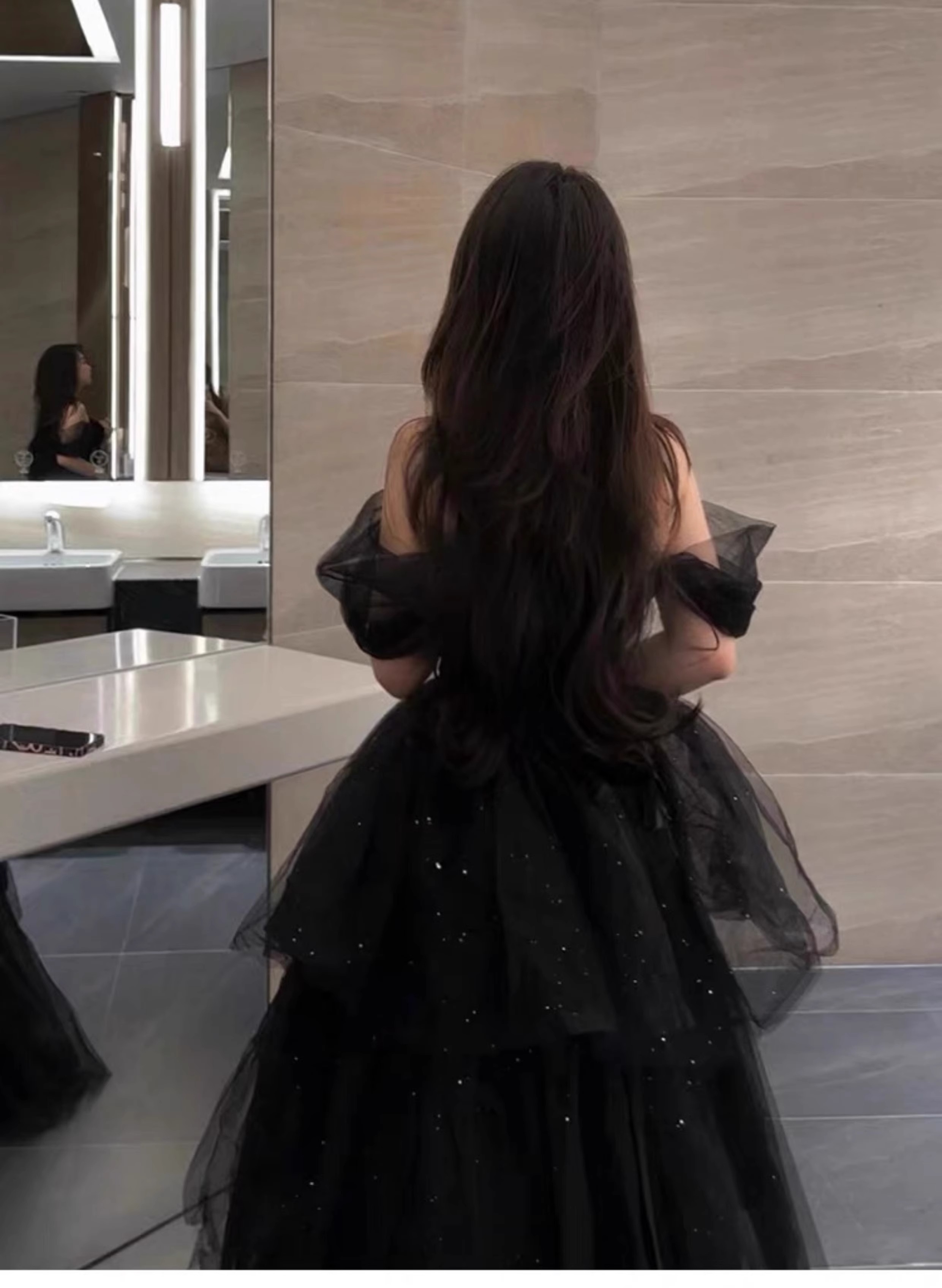 晚礼服黑色轻奢小众成人礼生日声乐艺考礼服一字肩宴会主持人纱裙