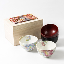 And blue flower watercolor beauty thick burning porcelain bowl wooden bowl 4 pieces set of wooden box gift box Japan imported Ceramic blue spot