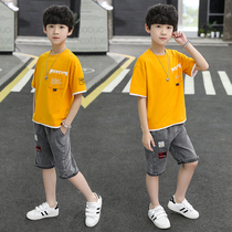 Boys summer suit 2021 new foreign style tide clothes childrens handsome summer childrens childrens short-sleeved denim childrens clothing