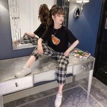 Girls suit 2021 summer new products Middle and large childrens Western style Childrens short-sleeved T-shirt nine-point pants Anti-mosquito pants Pants 2-piece set
