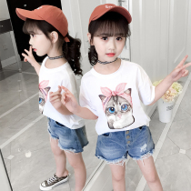 Girls Short-sleeved T-shirt Loose round neck Knitted Top Childrens half-sleeve white Base shirt 2021 summer Children
