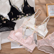 French niche embroidery lace triangle cup lingerie rabbit ears crystal cup thin sexy lace bra set