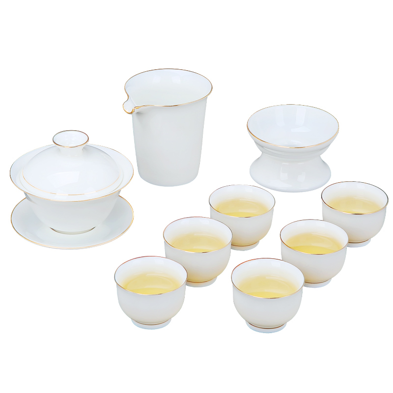 Jingdezhen ceramic kung fu tea set suit household contracted thin foetus fuels the jade white porcelain of a complete set of three tureen tea cups