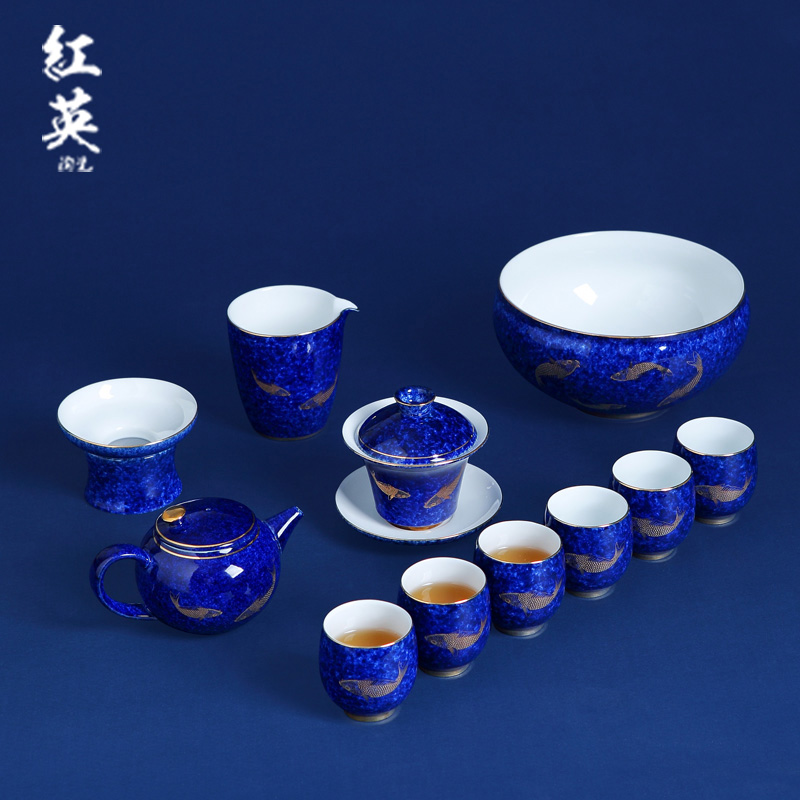 Jingdezhen ceramic kung fu tea set home only three tureen tea cups with blue glaze fuels the teapot