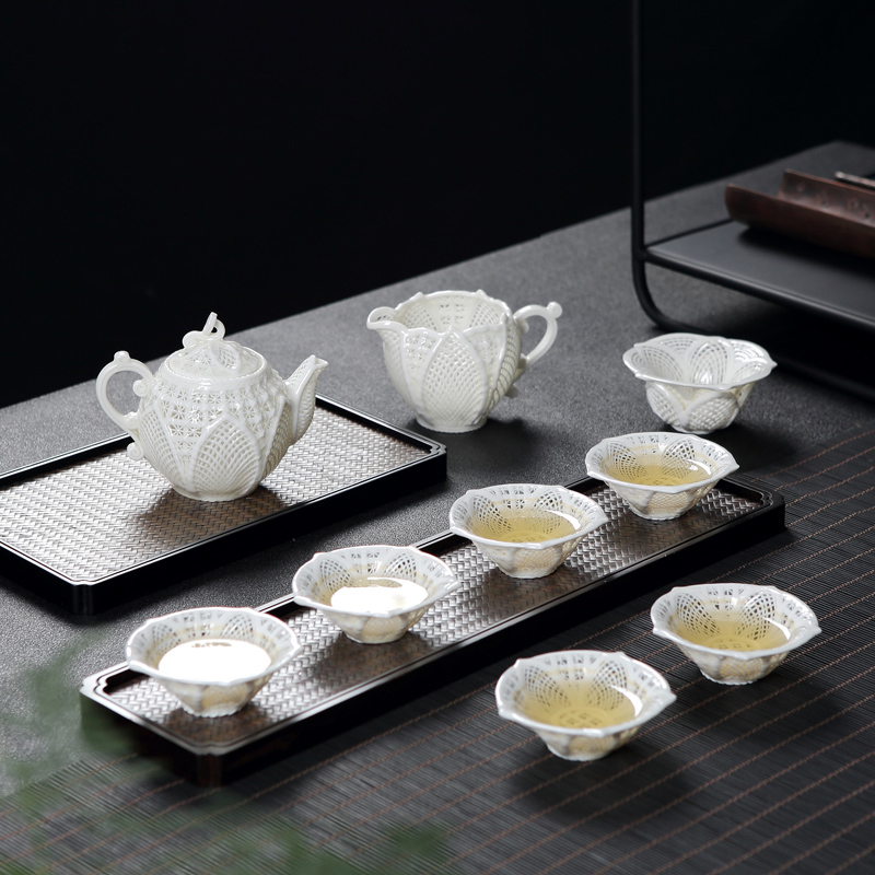 Jingdezhen ceramic kung fu tea set suit household contracted sitting room teapot hand - woven white porcelain tea cups