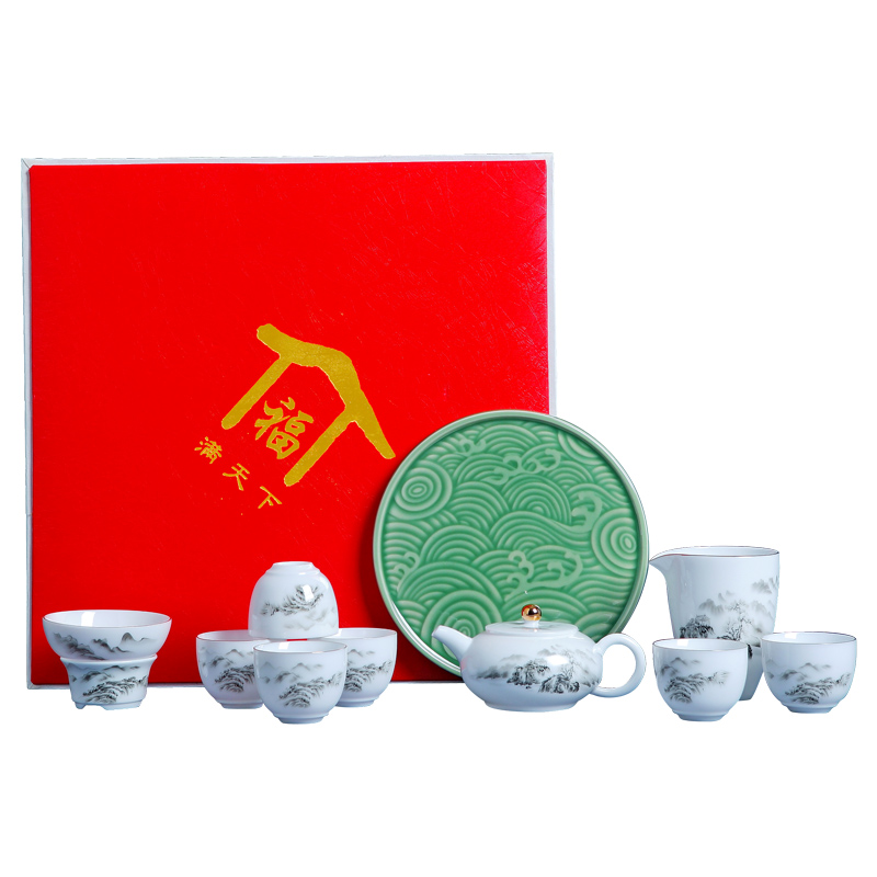 Jingdezhen ceramic kung fu tea set suit household ink small teapot teacup tea tray was Chinese style of a complete set of living room