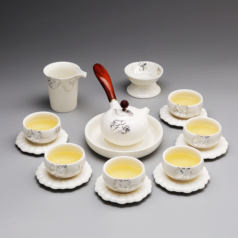 Jingdezhen kung fu tea set suit household contracted tureen Chinese teapot coloured glaze jade white porcelain ceramic cups