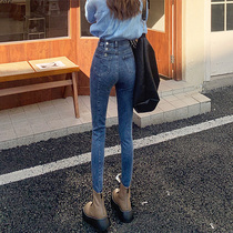 The new high-waist jeans in autumn are tightly tall and thin pants Han version of dark elastic pencil trousers