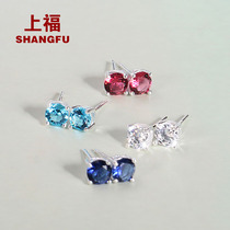 Shangfu blue stud earrings female sterling silver simple niche synthetic sapphire blue crystal silver earrings summer fresh and wild