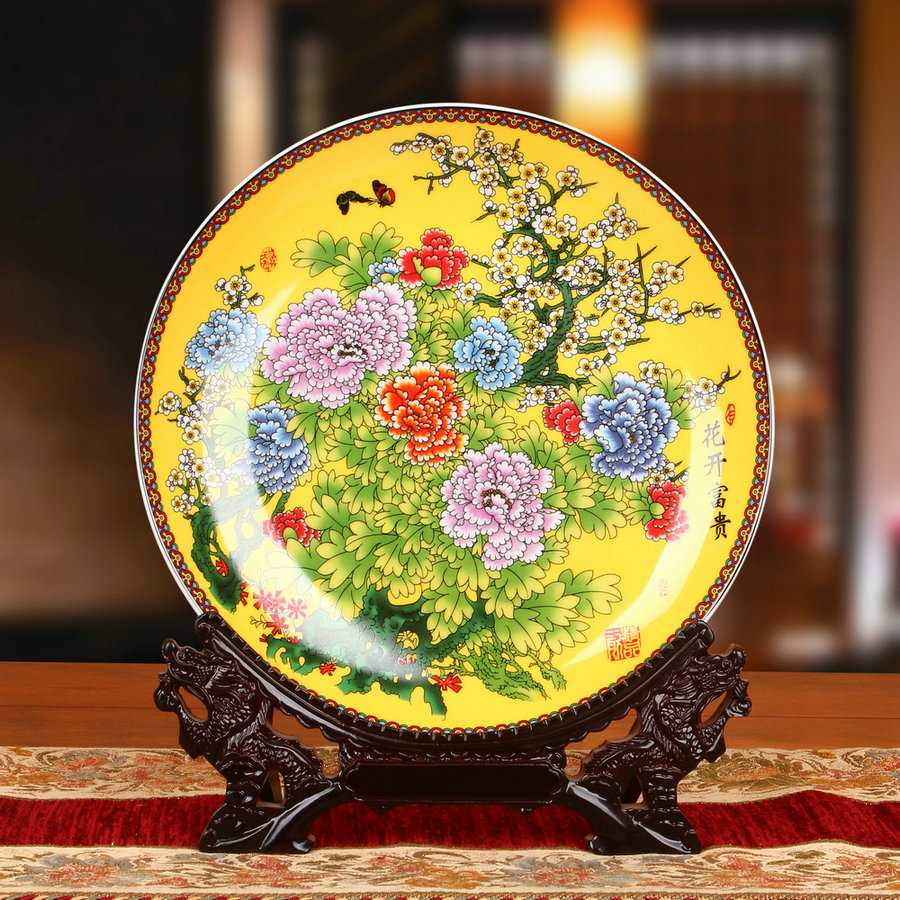 Jingdezhen ceramics enamel see colour yellow peony sit faceplate hang dish modern Chinese style decoration plate furnishing articles