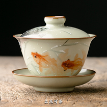 Out Mud Stainable Pure Hand Hand-painted Swimming Fish Three only cover bowls Jingdezhen Ceramic Gongfu tea with small number of tea tea bowls
