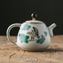 The mud can be dyed pure hand-made Ru kiln open piece teapot Jingdezhen ceramic kung fu tea set household filter bubble teapot