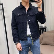 Black trendy letter print long sleeve denim jacket male spring and autumn casual slim lapel wear thin jacket top