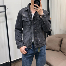 Spring and autumn denim jacket mens tide hole simple slim slim long sleeve jacket youth casual lapel outside wear top