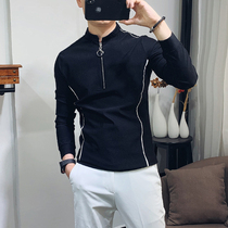 Korean slim sweater men autumn trend society long sleeve T-shirt men casual stand collar zipper solid color base shirt