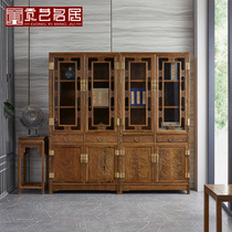 Mahogany furniture Full chicken wing wood study glass bookcase combination Antique Chinese solid wood floor-to-ceiling bookcase cabinet
