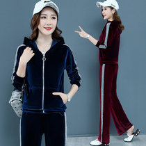 Golden velvet sportswear suit women autumn and winter 2021 new spring and autumn Korean version loose fashion wide leg pants two-piece set