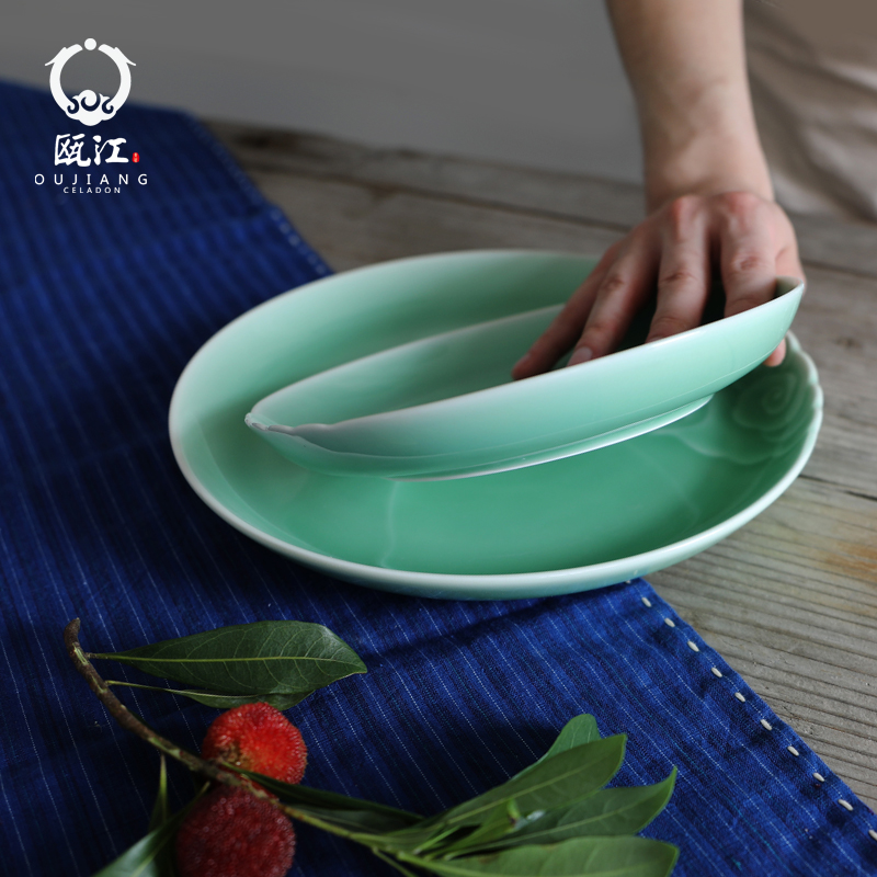 Oujiang longquan celadon dish dish xiangyun creative household tableware ceramic disc 7-10 inch plate hotel pelvis