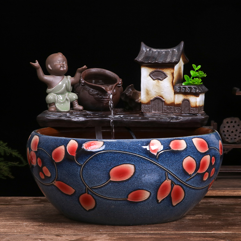 Ceramic cylinder tortoise sitting room balcony office desktop home furnishing articles circulating water goldfish bowl bowl of water lily fish tank