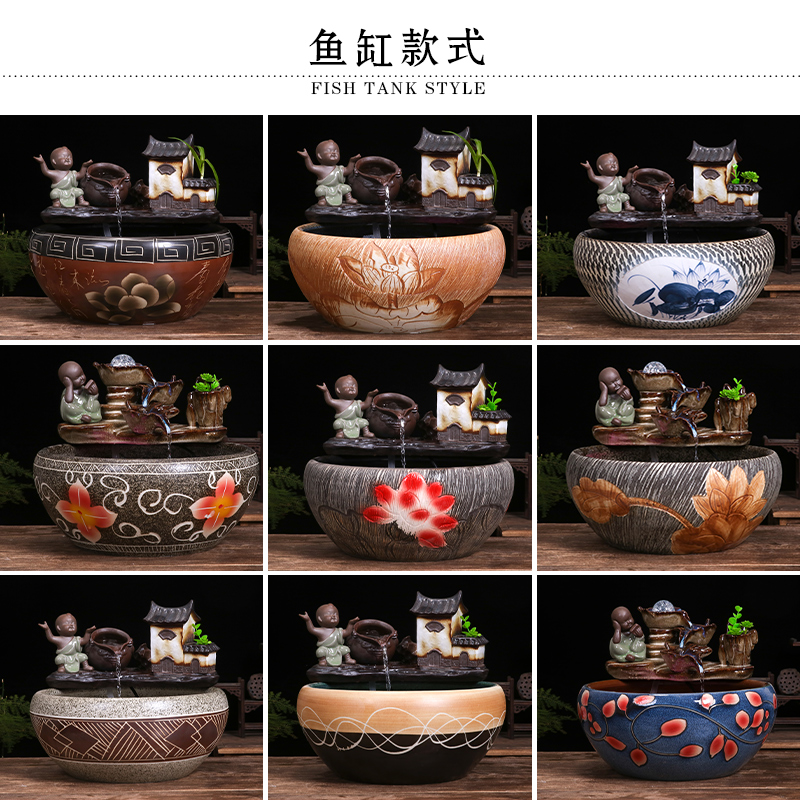 Ceramic cylinder tortoise sitting room balcony office desktop home furnishing articles circulating water goldfish bowl bowl of water lily fish tank