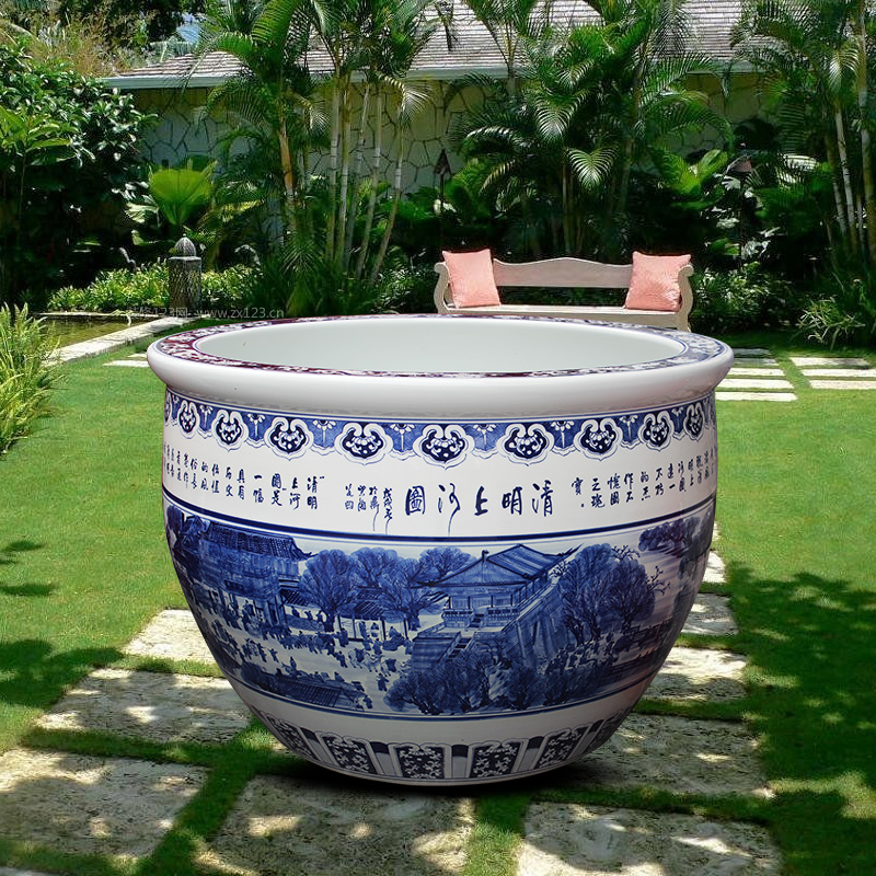 Blue and white porcelain tank 1 meter big basin of water tanks porcelain jar water lily lotus bowl lotus cylinder cylinder tortoise courtyard