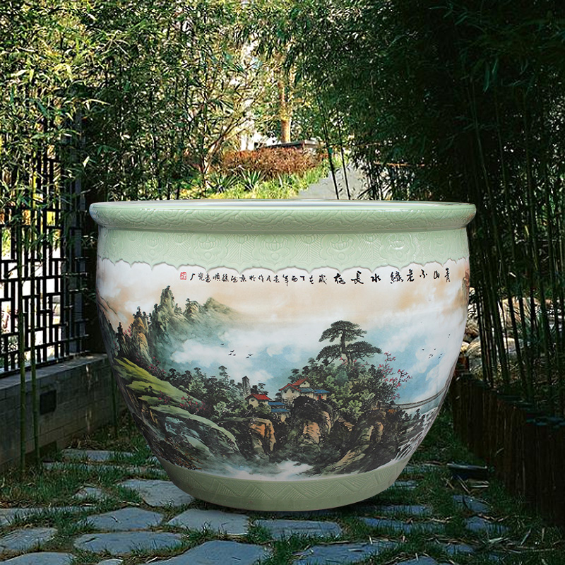 Blue and white porcelain tank 1 meter big basin of water tanks porcelain jar water lily lotus bowl lotus cylinder cylinder tortoise courtyard