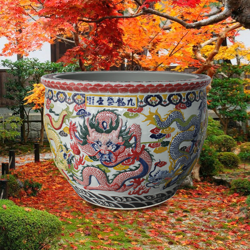 Blue and white porcelain tank 1 meter big basin of water tanks porcelain jar water lily lotus bowl lotus cylinder cylinder tortoise courtyard