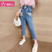 Girls jeans spring 2021 new childrens Korean version of foreign style high waist slim trousers little girl fashionable pants