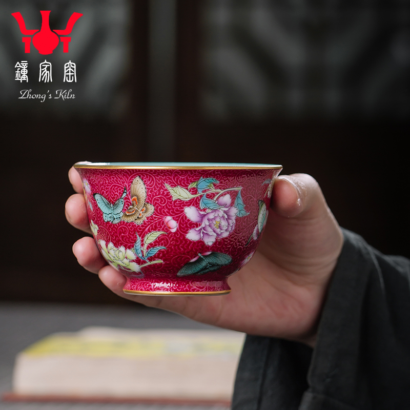 Clock home high - end masters cup jingdezhen up manually pastel carmine to pick flowers pressure hand cup kung fu tea cups