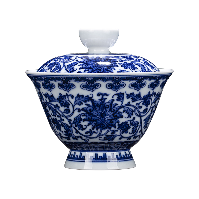 Clock home up jingdezhen blue and white maintain hand - made tureen cup tie up lotus flower ceramic bowl only three cups of tea bowl of tea set