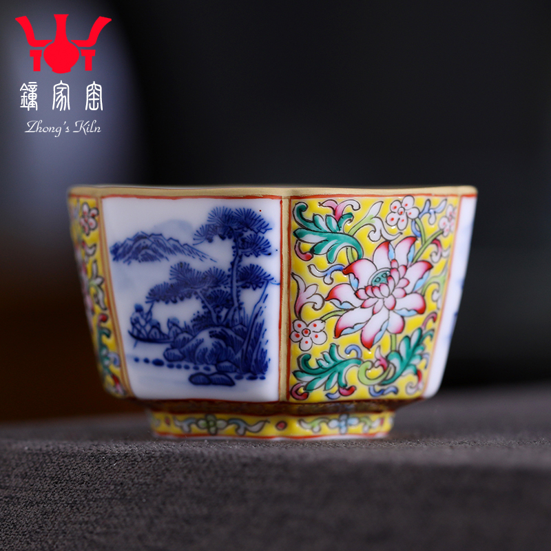 Clock home teacups hand - made porcelain up kung fu landscape colored enamel lotus flower grain six table mountain water cup of jingdezhen tea service