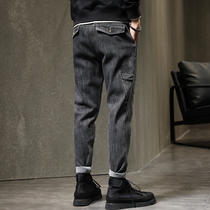 Autumn high-end denim trousers mens straight loose trend Joker casual elastic pants elastic Tide brand