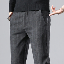 Autumn and winter vertical striped mens trousers woolen casual trousers mens straight loose Korean version trend all-match winter pants