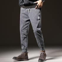 Autumn tooling jeans men wide elastic drawstring tie pants Harlan casual nine points Youth student pants