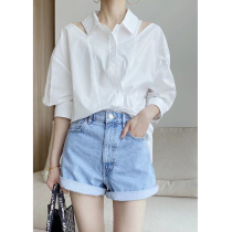 Simple niche design front placket double-breasted multiple lines off-the-shoulder two wear wild shirt Womens temperament top