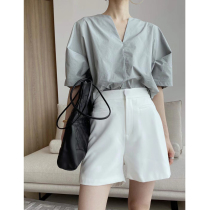 EAMODE summer new light luxury minimalist niche design v-collar flower sleeve top women wide cotton shirt